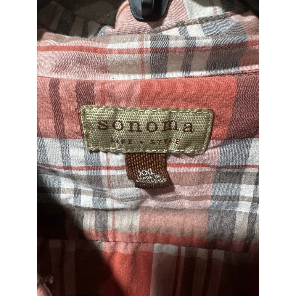 Sonoma Mens XXL Short Sleeve Western Pearl Snap Plaid Shirt Orange Gray Pockets - Picture 2 of 4
